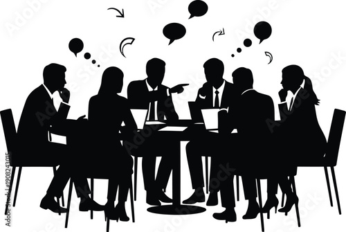 A silhouette of a small group of business professionals, male and female, standing around a table, actively engaged in a brainstorming session, discussing ideas and collaborating