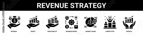 Revenue Strategy web banner icon set collection solid style.