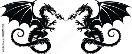 Twin dragon silhouette vector illustration, symmetrical fire breathing mythical creatures black fantasy design isolated on white background