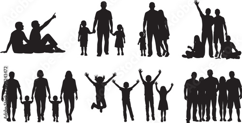 Black silhouettes of diverse families and couples walking together including parents with children and a person pushing a baby stroller isolated on white background