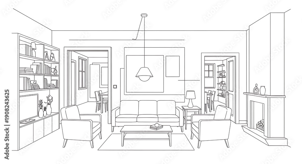 Fototapeta premium A blurry black and white sketch of a room with furniture and lighting fixtures