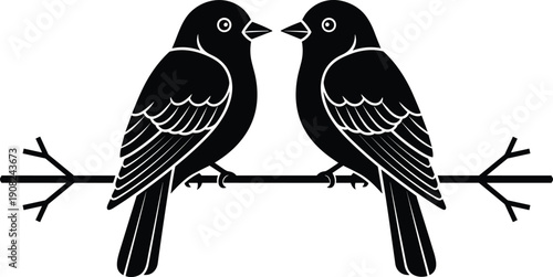 Two birds silhouette on branch, symmetrical love birds vector illustration, black romantic animal design isolated background