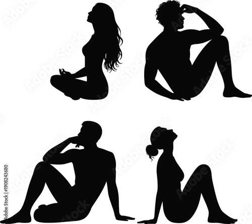 Four silhouettes of people in relaxed sitting poses on a white background relaxing yoga