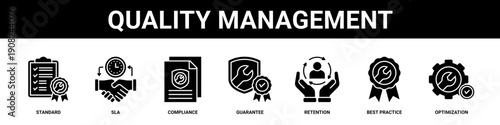 Quality Management web banner icon set collection solid style.