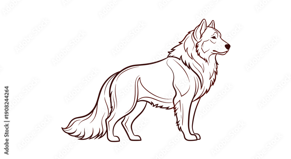 Obraz premium Elegant profile line drawing of a standing wolf or husky dog showing its thick coat and alert posture for wildlife art.