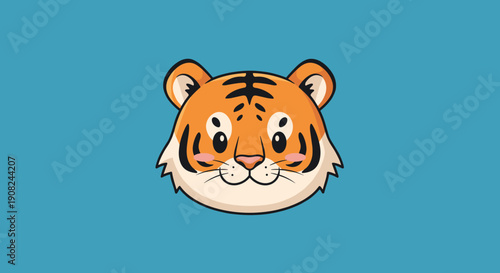 Adorable tiger cub face illustration with large eyes and orange fur set against a solid blue background for nursery decor.