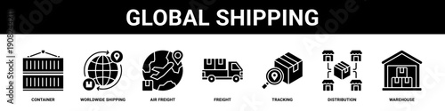 Global Shipping web banner icon set collection solid style.