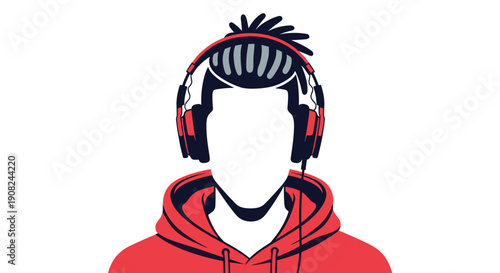 Stylized portrait of a man with dreadlocks wearing red headphones and a hoodie isolated on a white background for music themes.