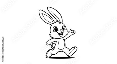 Cute cartoon bunny rabbit character running happily and waving in a simple black and white line art style for kids content.