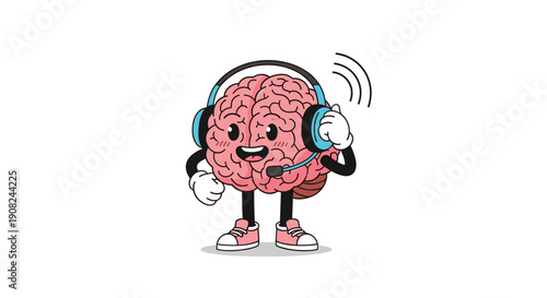 Fun cartoon brain character wearing a headset and sneakers with a happy face representing cognitive health or call centers.