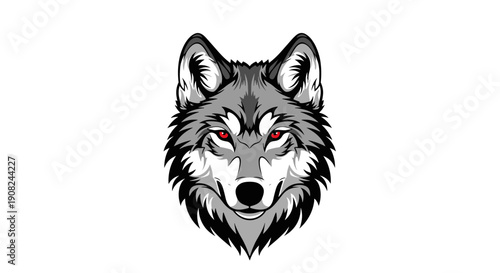 Fierce wolf head illustration with piercing red eyes and detailed grey fur for sports mascots or powerful branding designs.