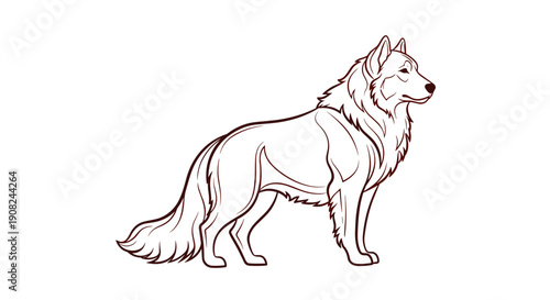 Elegant profile line drawing of a standing wolf or husky dog showing its thick coat and alert posture for wildlife art.