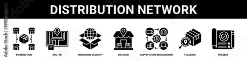 Distribution Network web banner icon set collection solid style.