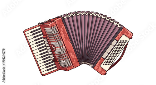 Beautifully detailed illustration of a red button accordion with white keys and bellows for music and culture categories.