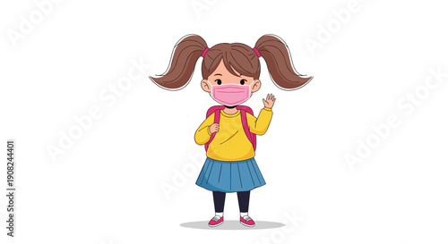 Cute schoolgirl wearing a pink protective face mask and yellow sweater waves her hand while carrying a pink backpack on white background.