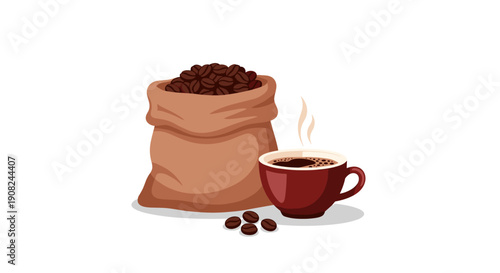 Burlap sack filled with roasted coffee beans next to a steaming hot cup of dark coffee for morning energy themes.