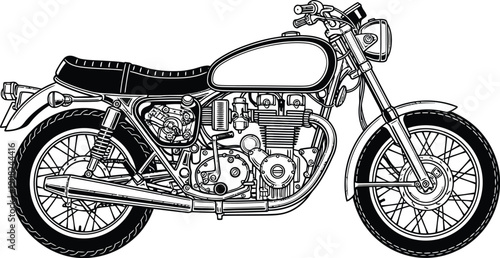 Highly detailed black and white line art illustration of a classic vintage motorcycle in side profile.