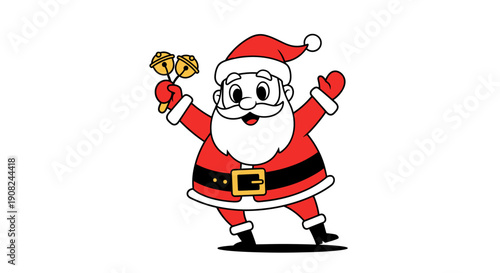 Jolly Santa Claus character in a traditional red suit ringing golden hand bells and waving cheerfully isolated on a plain white background.