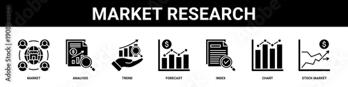Market Research web banner icon set collection solid style.
