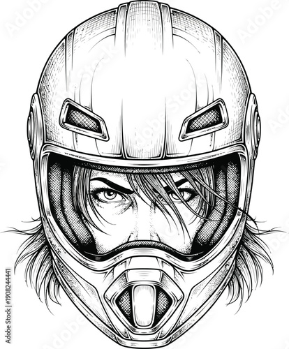 Intense eyes of a female racer with long hair peering from a modern fullface motorcycle helmet illustration.