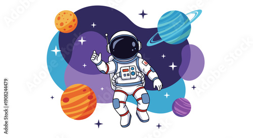 Astronaut in a white spacesuit floating among colorful planets and twinkling stars in a vibrant purple and blue space galaxy illustration.