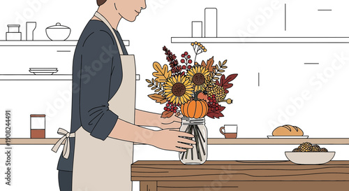Woman Arranging Autumn Bouquet with Pumpkins and Sunflowers in Mason Jar