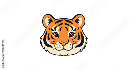 Friendly tiger head character illustration with orange fur and black stripes looking forward against a clean and minimal white background.
