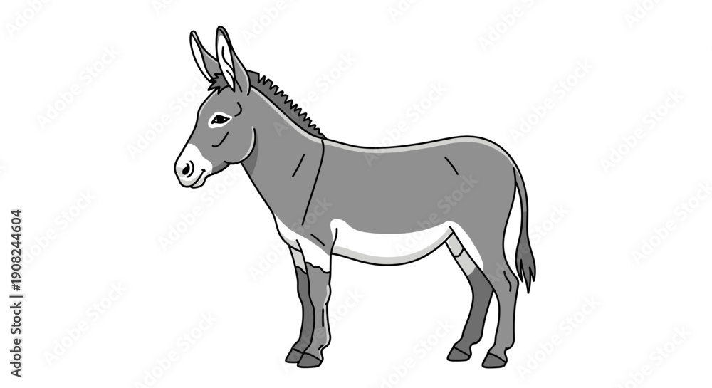 Obraz premium Simple side profile illustration of a gray and white donkey standing calmly against a plain white background for farm animals theme.