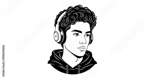 High contrast black and white illustration of a young man with dark curly hair wearing headphones and a hoodie listening to music.