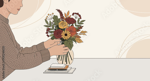 Woman Arranging Autumn Flower Bouquet in Vase with Books, Cozy Home Decor