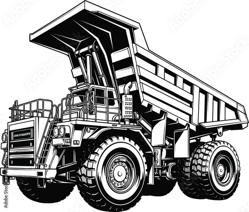 Monochrome line art illustration of a massive mining haul truck with its large dumper bed raised.