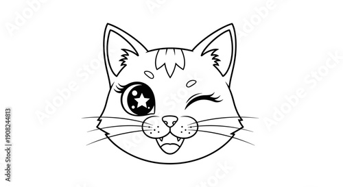 Adorable winking cat face line art illustration with a star in one eye and a happy expression for coloring or logo design.
