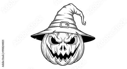 Menacing Halloween jack o lantern character wearing a tall witch hat in detailed black and white line art for spooky designs.
