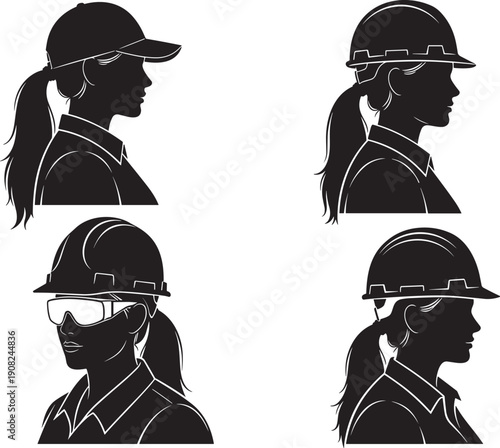 Black and white profile silhouettes of professional female workers wearing safety hard hats and protective goggles for industrial labor, construction, and engineering project concepts.