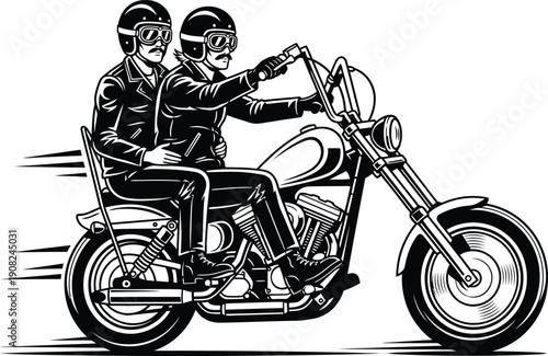 Two mustached bikers in leather jackets and goggles riding a classic chopper motorcycle.