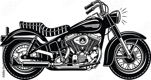 Vintage American cruiser motorcycle with a Vtwin engine a detailed black and white line art illustration.
