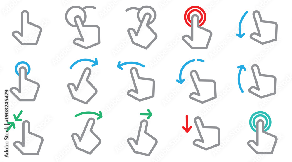 Obraz premium Touch Gesture Hand Icons Set – Tap, Swipe, Click, Scroll and Rotate Actions UI Symbols