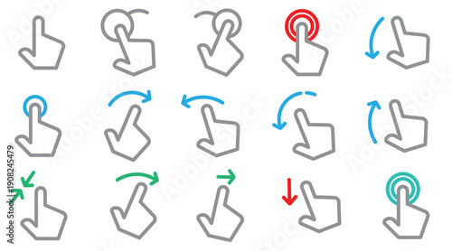 Touch Gesture Hand Icons Set – Tap, Swipe, Click, Scroll and Rotate Actions UI Symbols