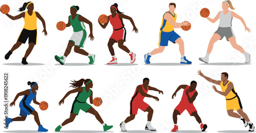 Set of male and female basketball players in various action poses including dribbling and running vector illustration