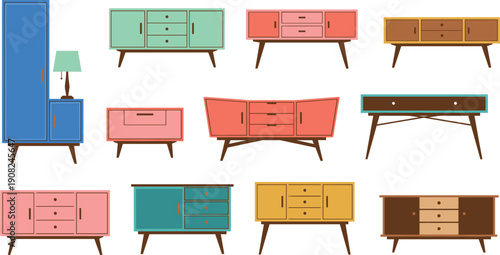 Set of mid-century modern cabinets and sideboards with colorful doors and wooden legs flat vector illustration
