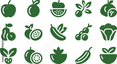 Vegetable Icon Set Green Silhouette Organic Healthy Food Vector