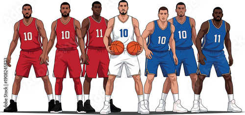 Set of professional basketball players in red blue and white uniforms standing in a lineup vector illustration