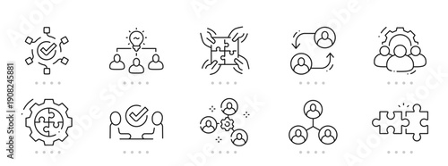 Line collaboration icons featuring teamwork, communication, partnership, workflow, planning, brainstorming, handshake, global networks, leadership, and project management; editable stroke set