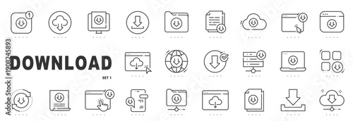 Outline download icon set featuring file transfer, cloud storage, web interface actions, UI UX symbols, editable stroke, minimal modern line style.