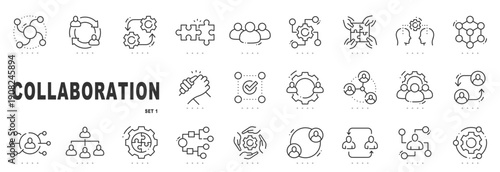 Outline collaboration icon set showing teamwork, networking, cooperation, communication, shared workflows, business synergy concepts, editable stroke, minimal modern line style.
