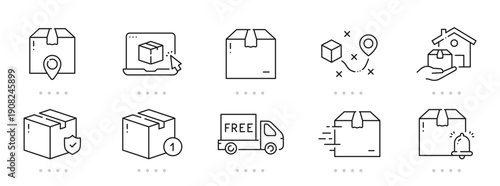 Delivery and shipping line icons for packages, tracking, courier, location pin, truck, ecommerce checkout, returns, secure worldwide logistics mobile outline