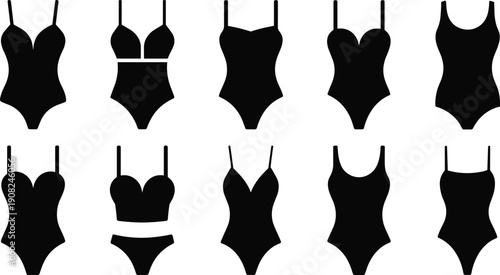 Women Swimsuit Icon Set Black Silhouette Lingerie Fashion Vector