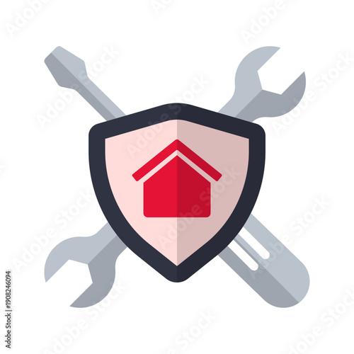 Home warranty repair service with house and badge flat color icon
