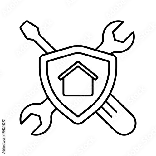 Home warranty repair service with house and badge line art icon
