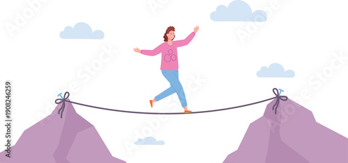 Risk challenge or danger concept. Woman walk on rope between mountain